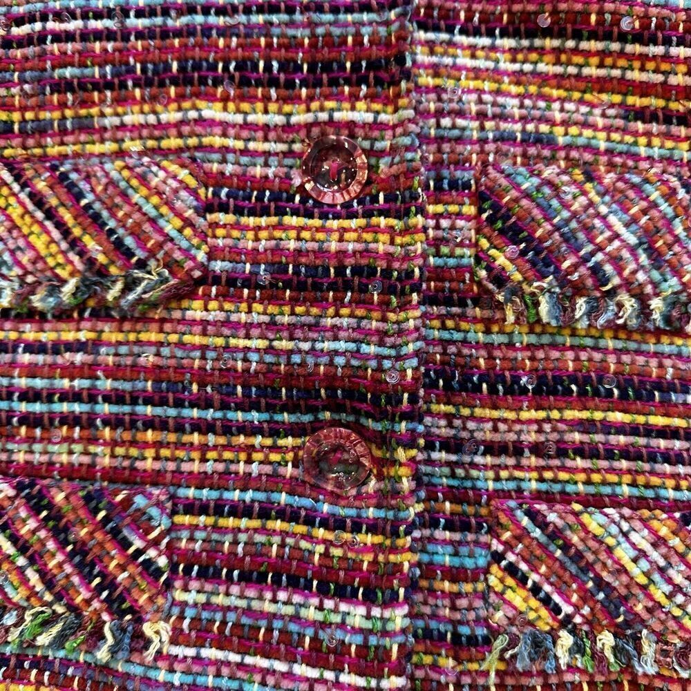 Vintage Anage Pink Colorful Tweed Blazer Jacket Size Large Rainbow Flower Fringe - Picture 11 of 15